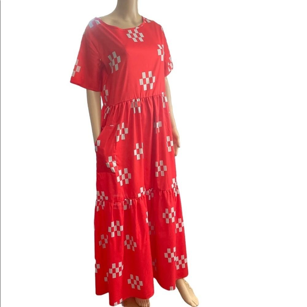 Misslook Maxi Dress Large Casual Retro Geometric Print Cotton Blend Tiered Red